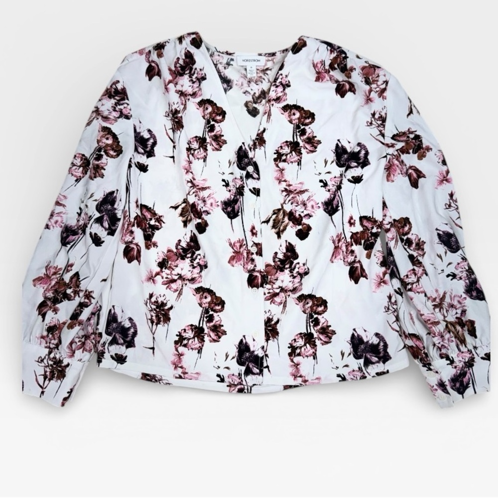 Nordstrom Blouse Womens XS White Pink Floral V-Neck Button Front Long Sleeves